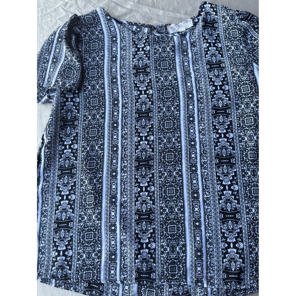 Boho Womens Pink Rose Tribal Geometric‎ Print Blouse M Black White